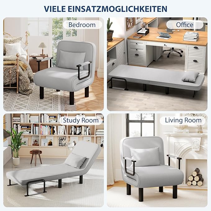 Furniliving 4 in 1 Folding Sofa Bed Chair, Convertible Sleeper Chair Bed with 6-Position Adjustable Backrest, Upholstered Chaise Lounge with Pillow, Accent Chairs for Bedroom/Office, Linen, LightGrey