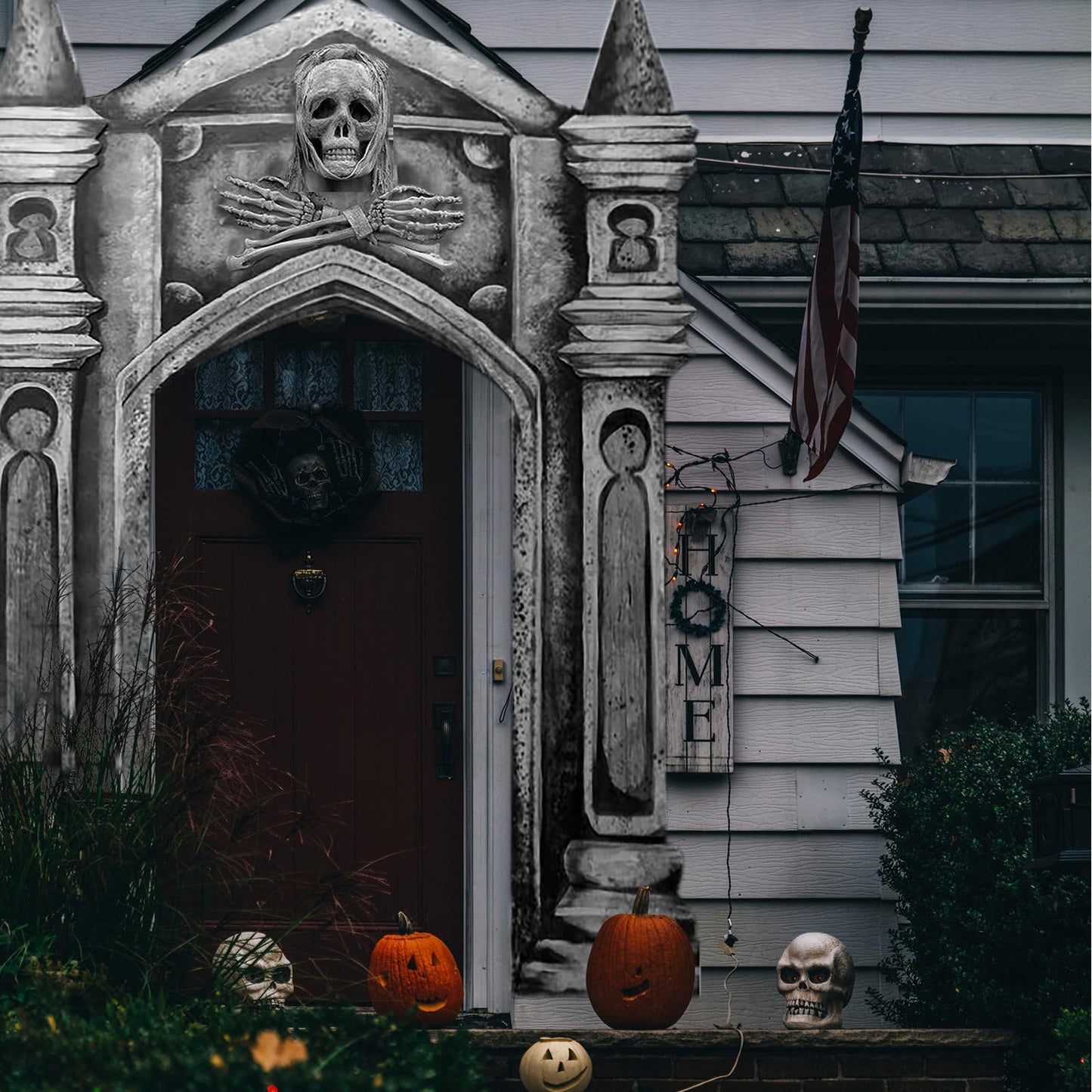 Fanfanwin 3 Pcs Halloween Archway Cemetery Graveyard Decorations Haunted Gothic Mansion Door Cover 3D Halloween Banners Decor Skull with Tombstone Sign Spooky Pillar Sign for Outdoor Party Supplies