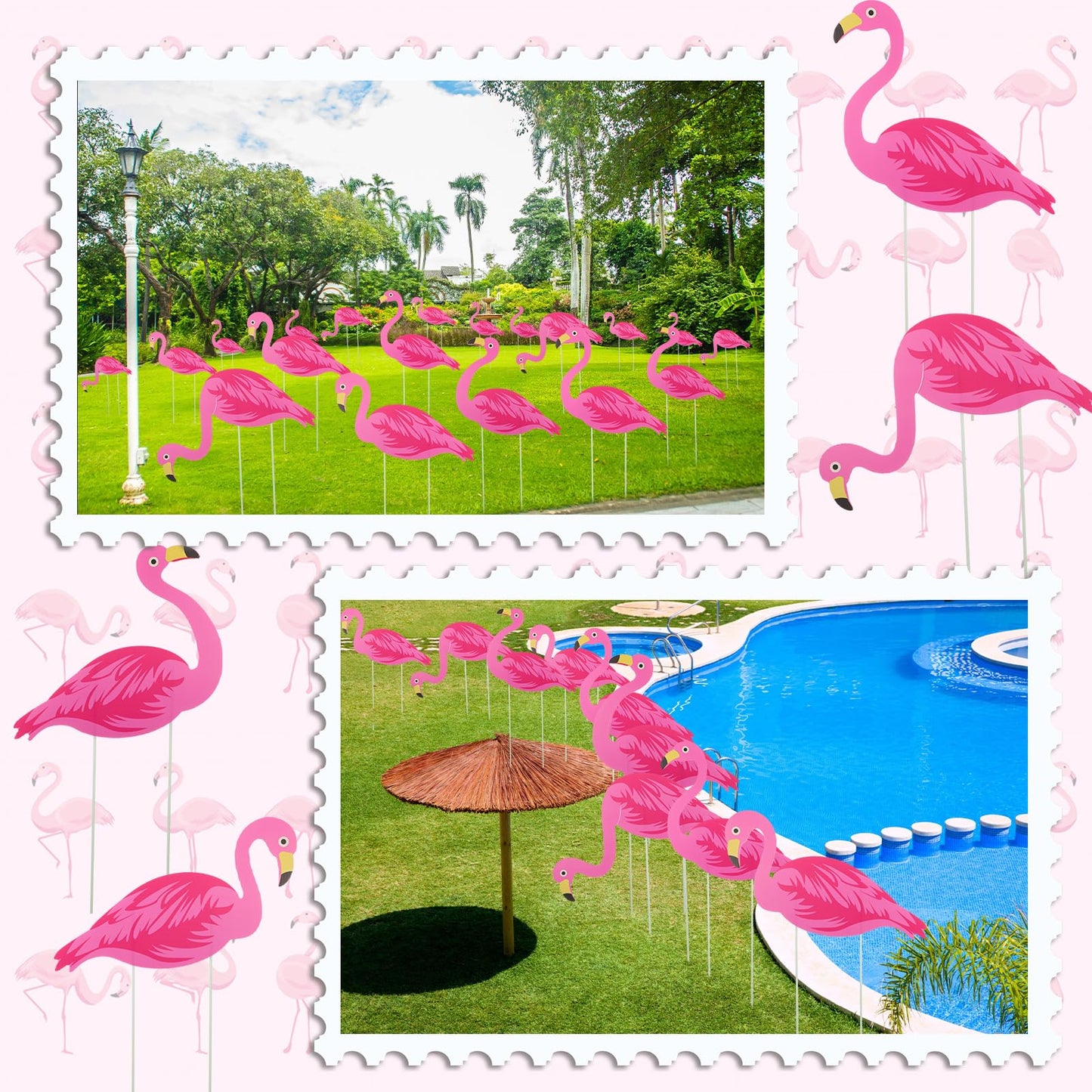 Yuntau 30 Pcs Summer Beach Pink Flamingo Yard Signs with 60 Stakes 4 Styles Flamingo Lawn Signs for Indoor Outdoor Home Decorations Tropical Yard Lawn Patio Accessories Party Supplies