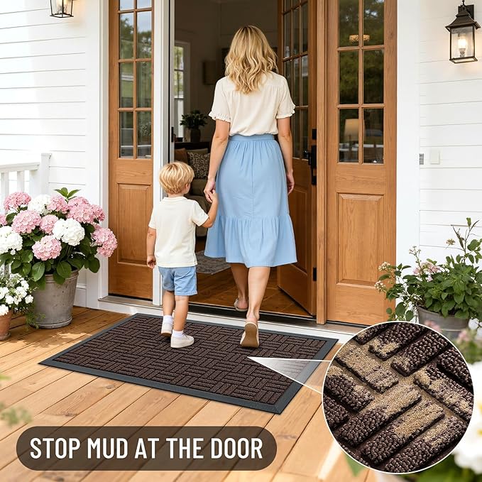 OLANLY Front Door Mat Outside Entrance 47x17, Absorbent, Heavy Duty Sturdy Natural Rubber Doormat Indoor Outdoor, Stain and Fade Resistant, Non-Slip Backing Low Profile Floor Mat for Entryway, Brown