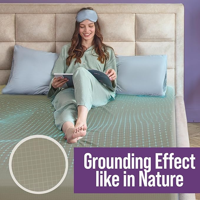 Earth Grounding Sheets California Size with 12% Silver Fiber & 4% Silk & 84% Cotton - Green - SGS Quality Certified Grounded Well Bed Sheet - Conductive Fitted Sheet for Better Sleep