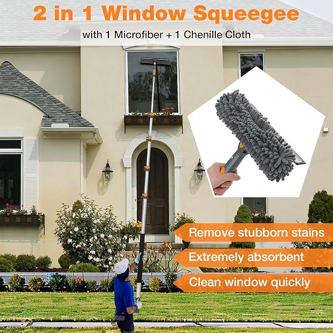 19Ft Window Squeegee with Extension Poles, 2-in-1 Window Cleaning Kit with Telescopic Pole, Extra-Large 14" Window Squeegee, Window Cleaner Tool with Adjustable Head, for High Window, Glass, RV