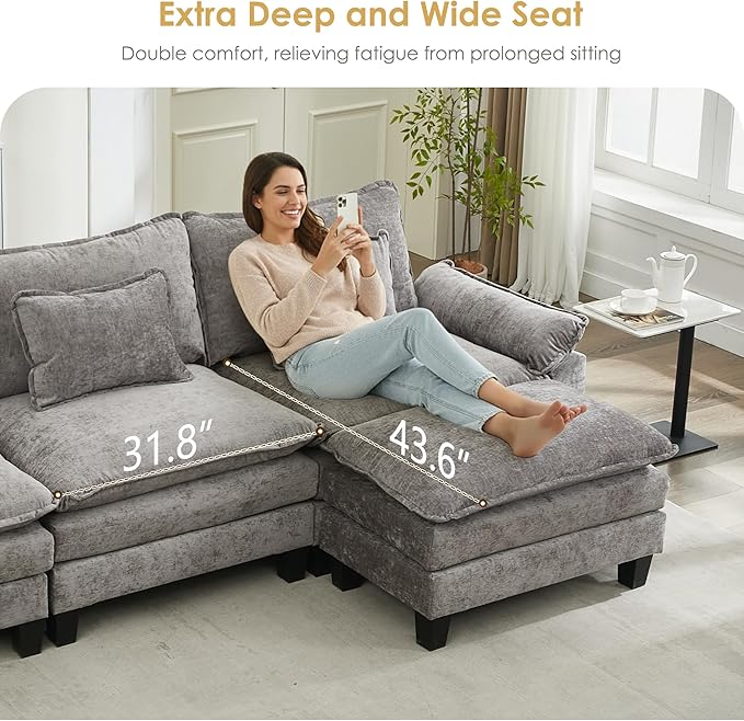 URRED Cloud Couch Modular Sectional Sofa, 122" Modern U Shaped Deep Seat Sofa with 2 Ottomans & Pillows, Ultra Comfy Chenille Couches for Living Room, Bedroom or Apartment, Light Gray
