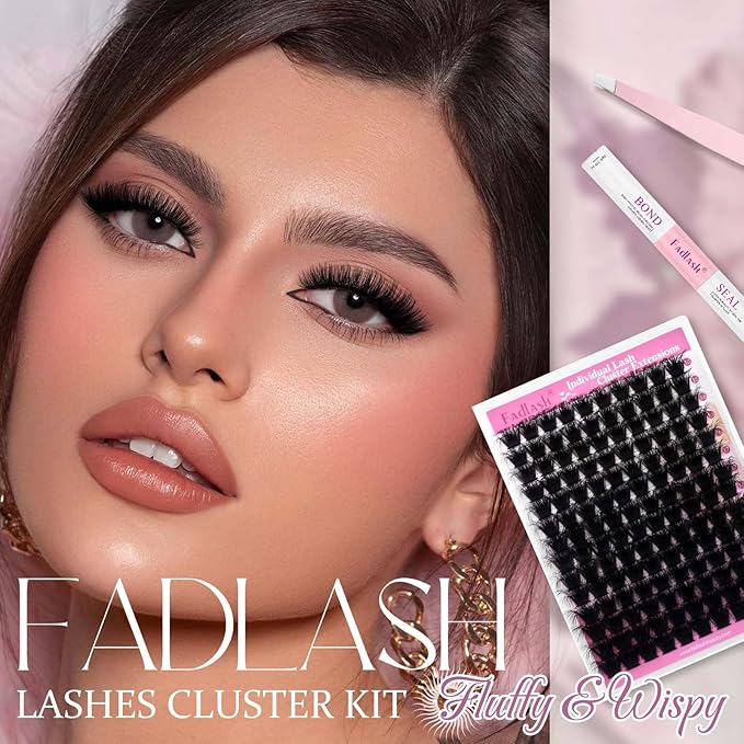 FADLASH Lash Extension Kit 200D Lash Cluster Kit DIY Eyelash Extension Kit with Lash Bond and Seal Lash Tweezers Natural Cluster Lashes Kit Individual Lashes 3D Effect (KIT, 200D-3D-07D-15-20mm)