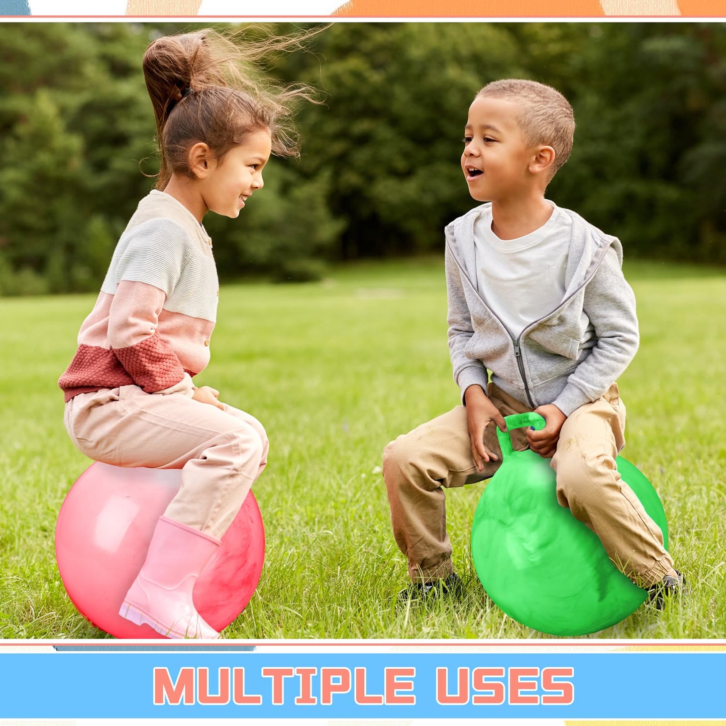 Poen 3 Pcs 18 Inch Hopper Inflatable Bouncy Ball with Handle Hippity Hop PVC Jumping Hopping Ball with 1 Air Pump for Kids Toddler Boys Girls Gifts Games(Red Blue Green)