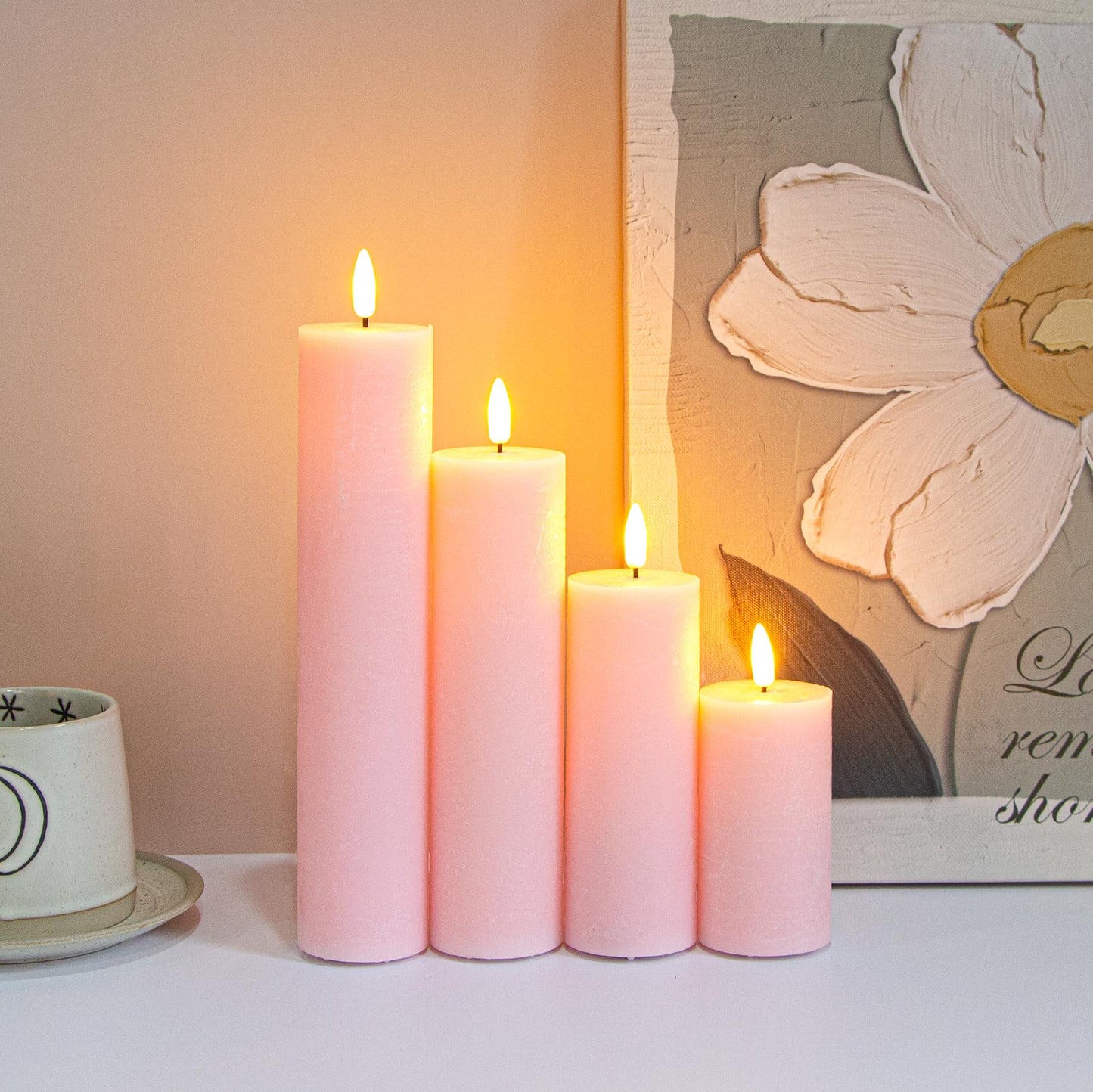 Vtobay Flickering Flameless Pillar Candles with Remote Control and Cycle Timer,Pink Pack of 4 Battery Operated(Powered by 2AA) LED Real Wax Tall Fake 3D-Wick Electric Candles(D 2.2” x H 4”,6”,8”,10”)