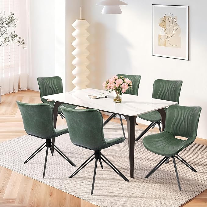 VATROS Dining Chairs Set of 6, 360° Swivel Upholstered Mid-Century Modern Kitchen Dining Room Chairs, Armless Faux Leather Accent Side Chair with Padded Back, Metal Legs for Living Room,Green