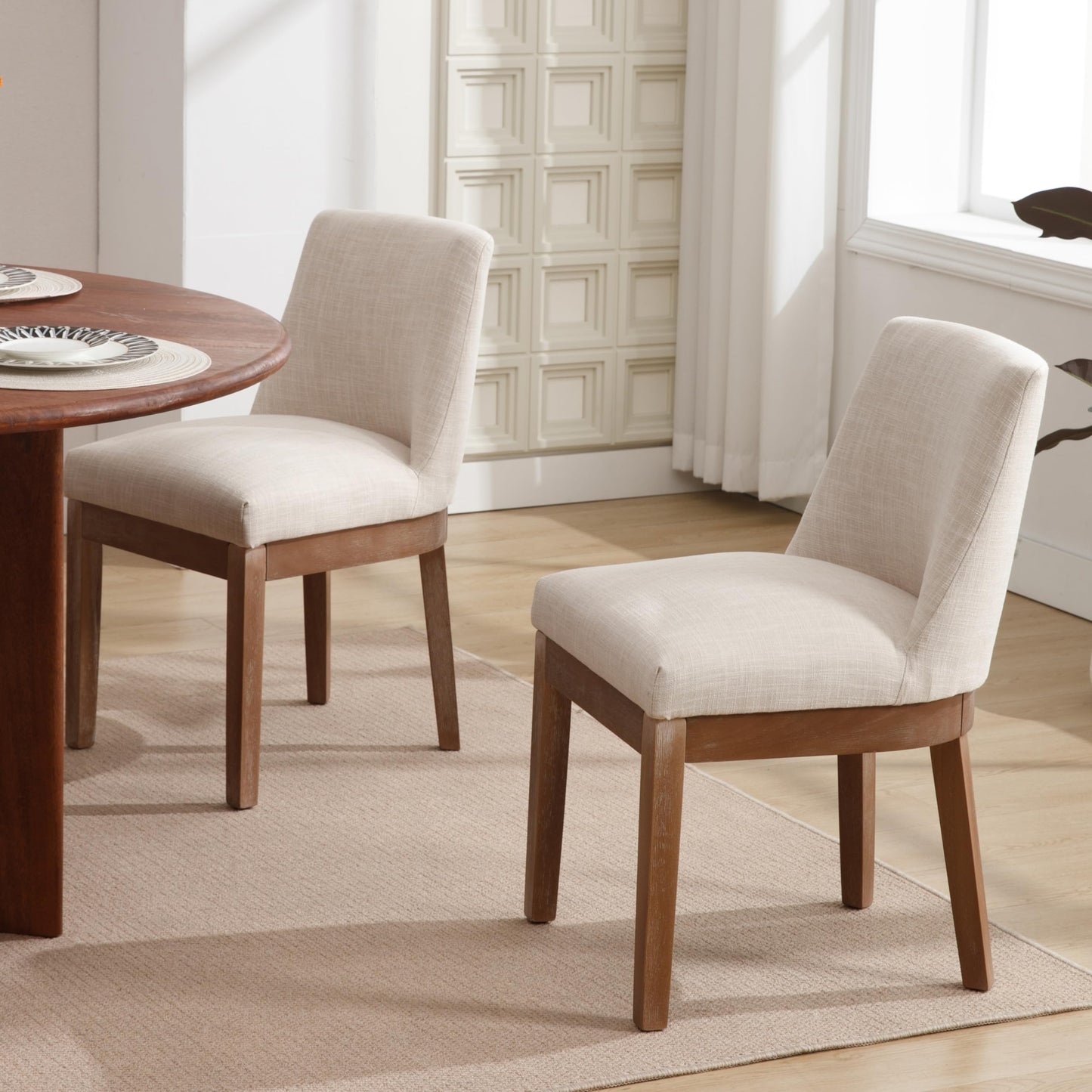 RIVOVA Modern Dining Chairs Set of 4 Comfortable Dining Room Chairs with Back, Linen Fabric Upholstered Kitchen Side Chairs with Natural Wood Legs for Living Room, Beige