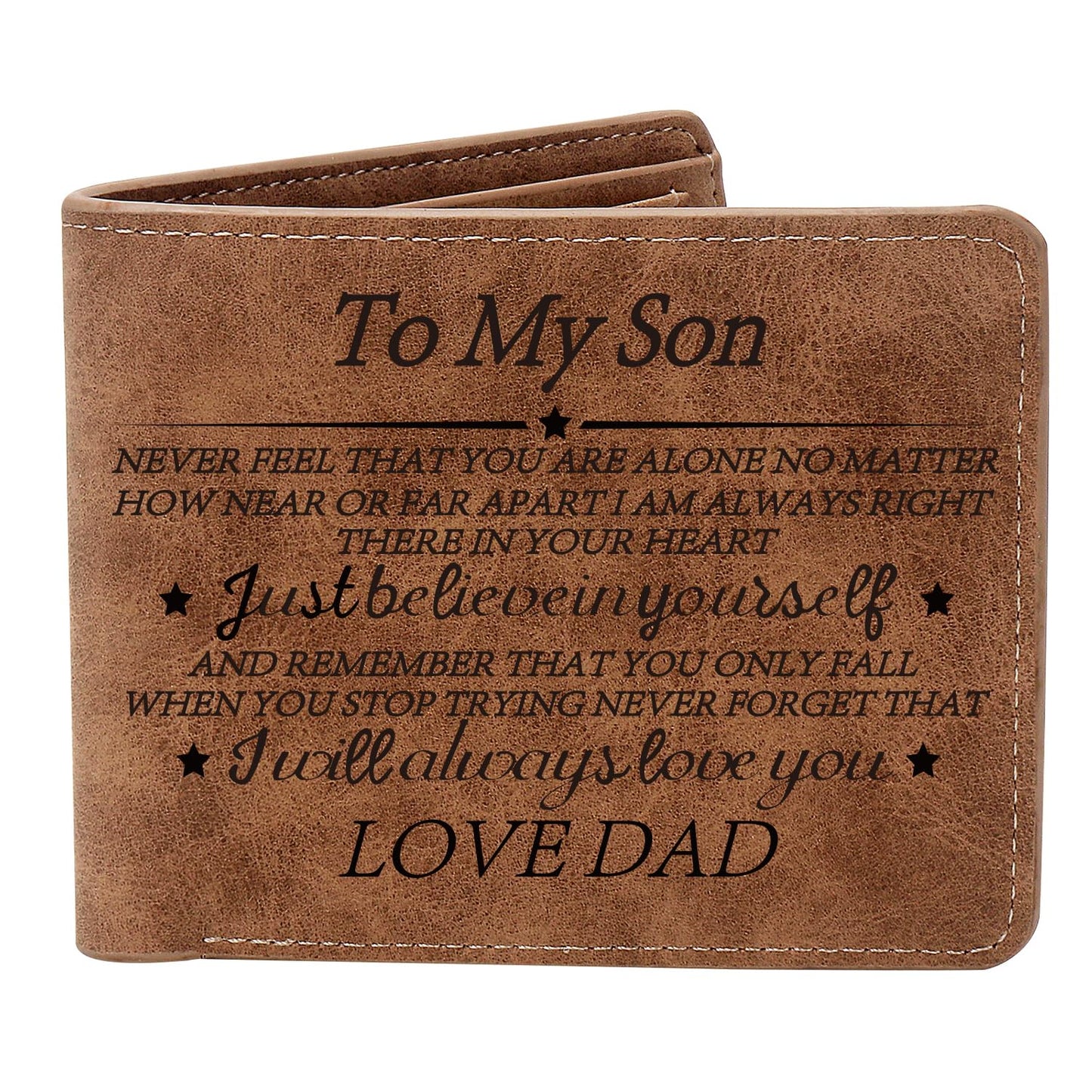 THTCSQ To My Son Gifts,Leather Wallet for Men,Engraved Personalized Leather Wallet,Birthday Christmas Gifts for Son from Mom Dad,Inspirational Gifts for Boy (Never Feel Son from Dad)