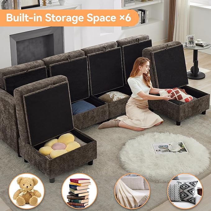 WUTUTUEE 107'' Modular Sectional Sofa Convertible U Shaped Sofa Couch Set with Storage for Living Room, Modern 6 Seater Modular Sectional Couch with Movable Ottoman, Chenille Brown