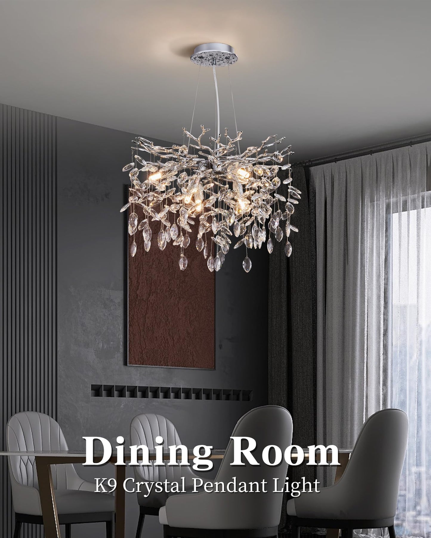 witkey Modern Tree Branch Crystal Chandelier Luxury Silver Crystal Pendant Lighting 18" Contemporary 6-Light Chandeliers for Dining Room Kitchen Bedroom Living Room