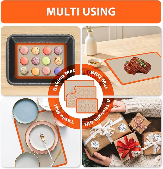 Macaron Silicone Baking Mats, 3 PCS Non Stick Macaroon Mat Silicone for Macarons, Cookie, Pastry, Orange