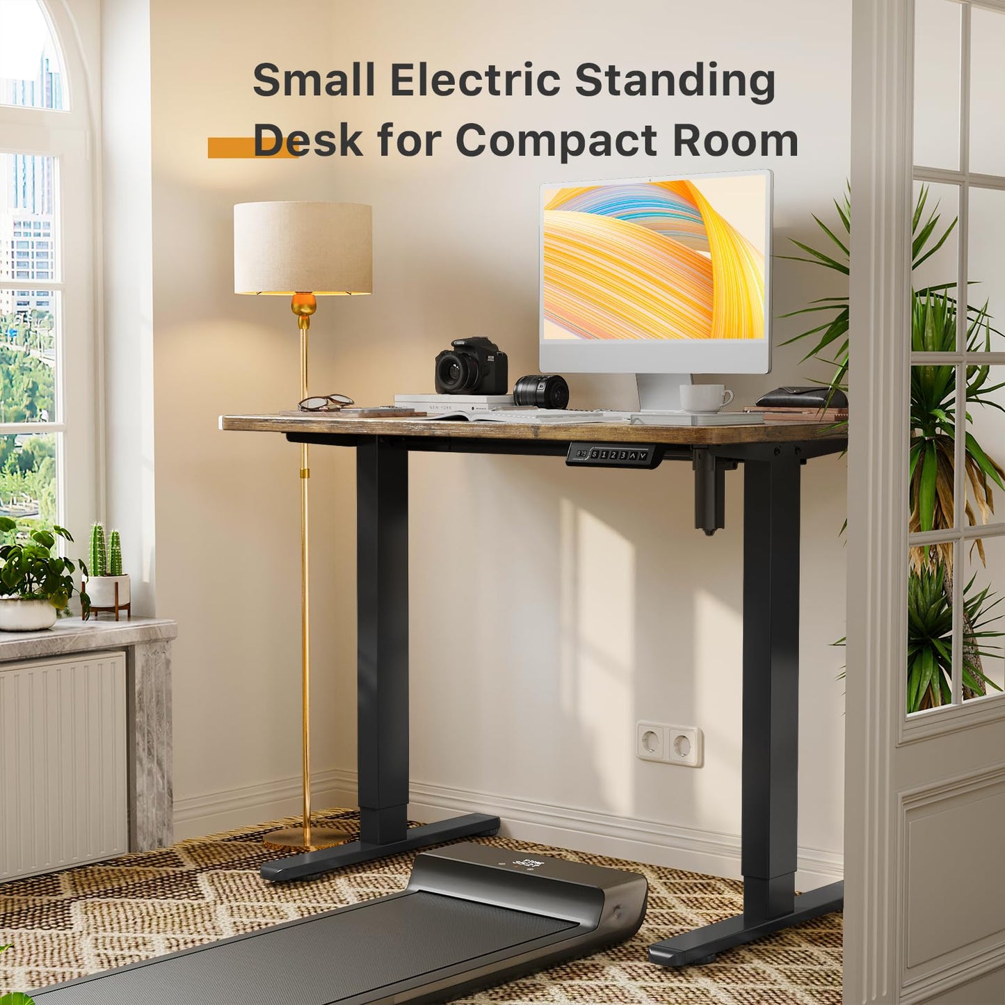 JOY worker Small Electric Standing Desk, 35" x 20" Whole Piece Height Adjustable Desk with Memory Controller, Grey Sit to Stand Desk Workstation for Home Office, Rustic