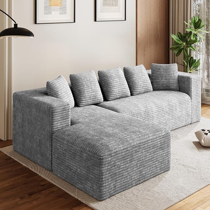 Modular Sectional Sofa, 107" L Shaped Cloud Couch Plush Corduroy Deep Seat Boneless Sofas with 5 Pillows Long Chaise Lounge Couches Memory Foam for Living Room - Grey, Left Facing Chaise