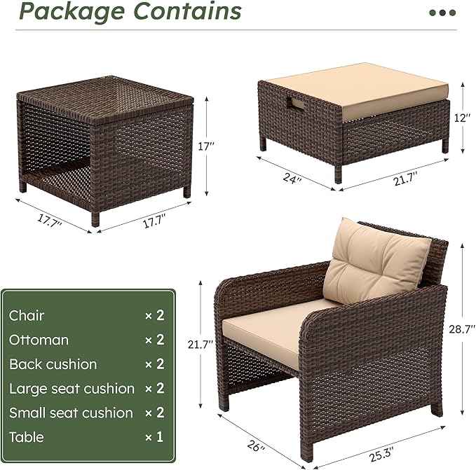LHBcraft 5 Pieces Patio Set, PE Rattan Patio Conversation Set with Soft Cushions & Coffee Table, Outdoor Chairs with Hidden Ottoman for Porch, Lawn, Garden, Balcony, Brown
