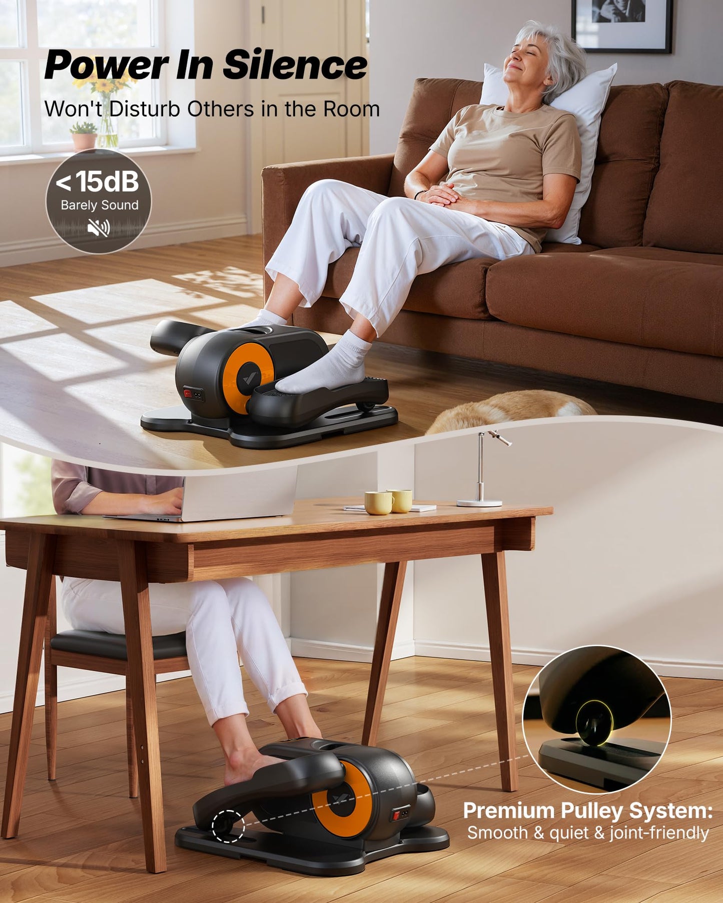 MERACH Under Desk Elliptical Machine, Leg Exerciser While Sitting for Seniors with Remote Control & 12-Speeds, Quiet Portable Electric Seated Pedal Exerciser Machine for Home Office（Orange）
