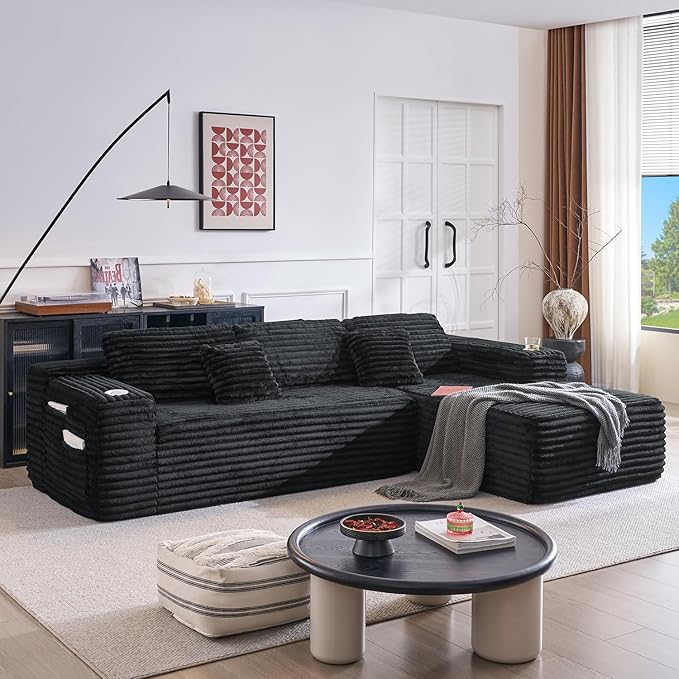 Cloud Sectional Couch with L-Shape Chaise, Modern Modular Sofa with Deep Seat, Built-in Cup Holder & Storage Pocket for Living Room Bedroom, No Assembly Required (Black Grey, Left Sitting Chaise)