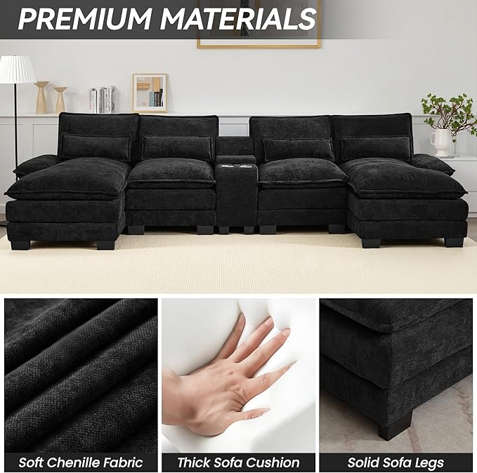 125" U Shaped Cloud Modular Sectional Couch for Living Room, Small Comfy Chenille Sofa with Double Chaise Lounge, Storage Central Console, Cup Holders, USB Port,Black