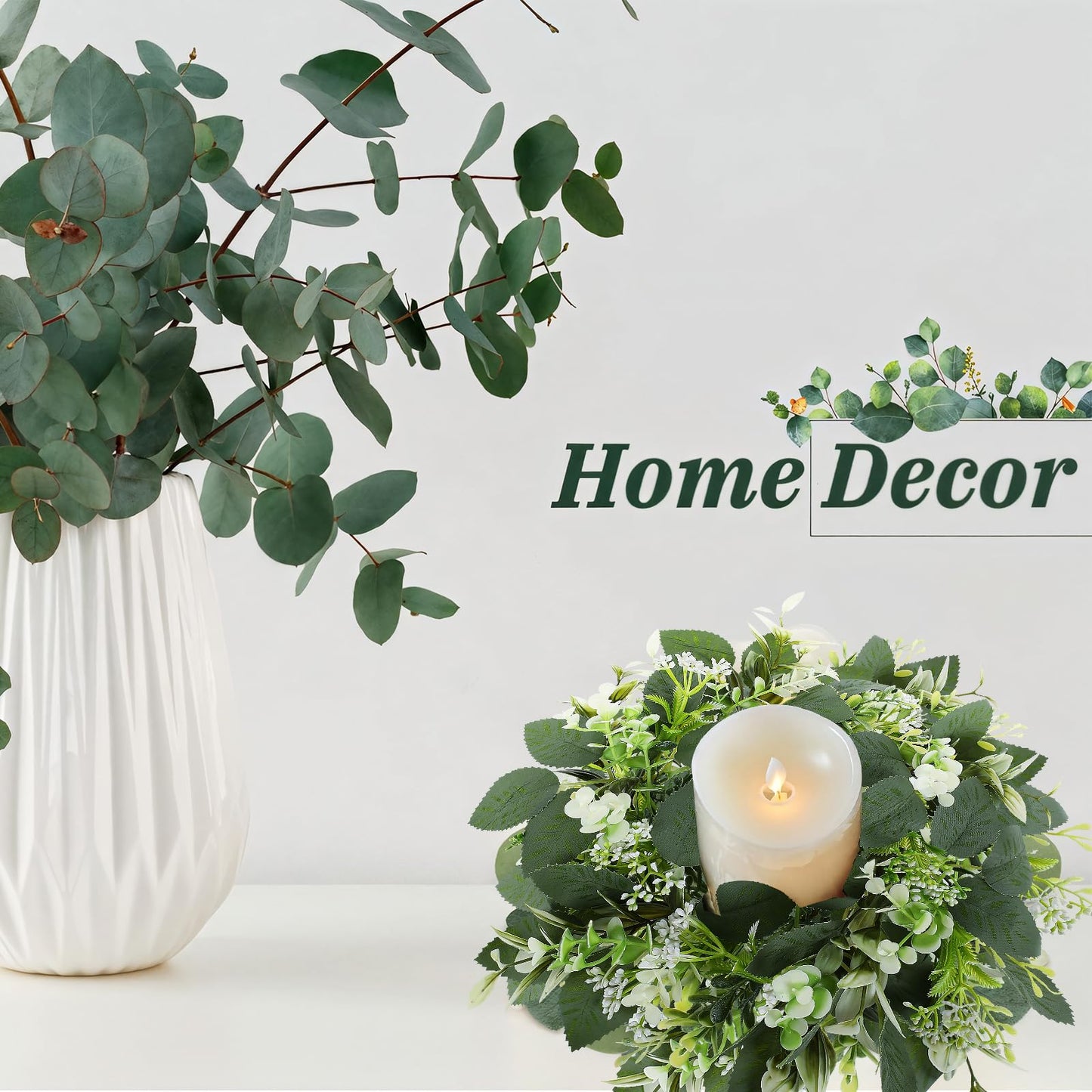 6PCS Artificial Eucalyptus Leaves Wreaths Candle Rings Wreaths Summer Greenery Garland Pillar Holder for Home Wedding Party Table Centerpiece Green