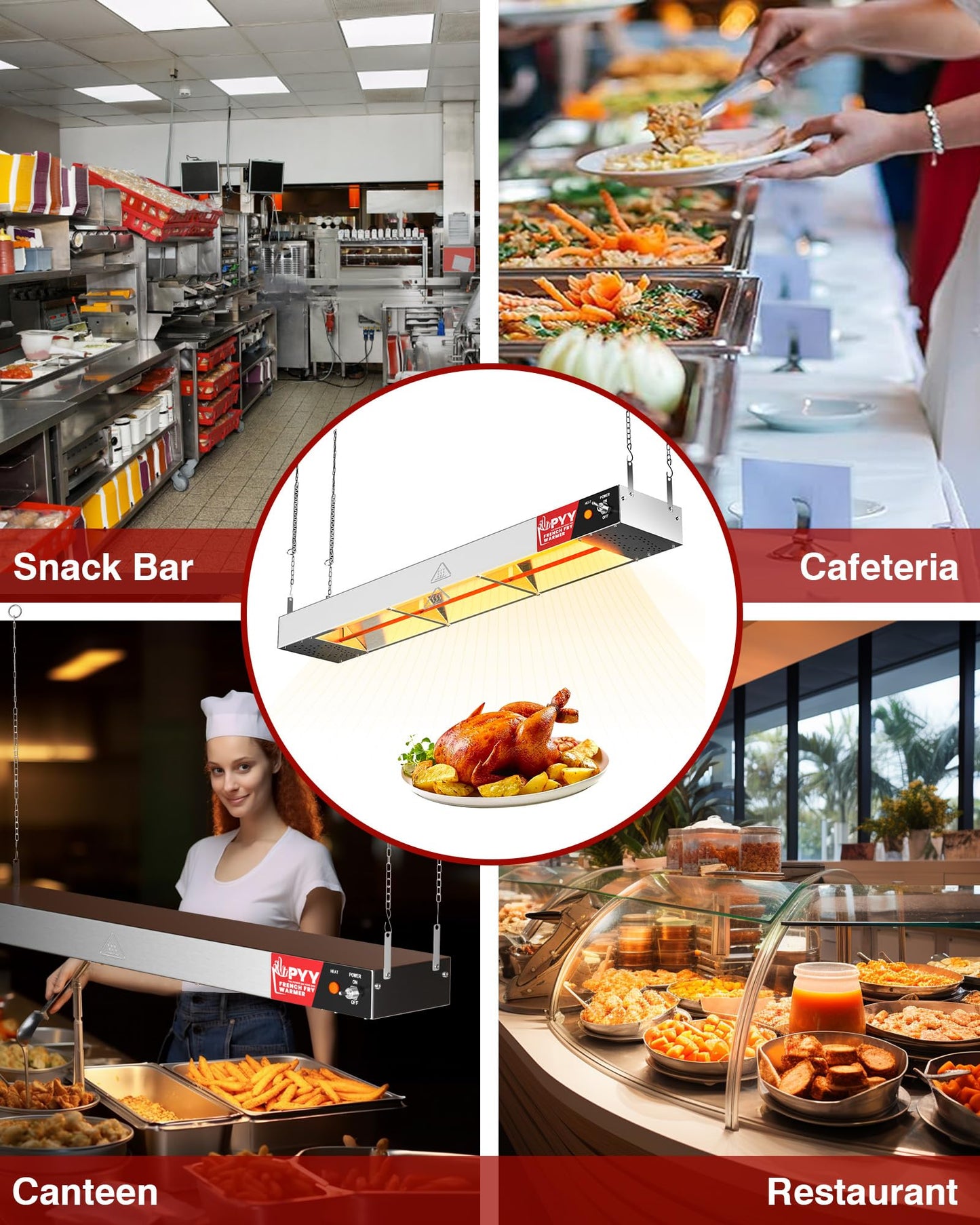 PYY Food Heat Lamp Strip - 36 Inch Commercial Food Warmer Lamp, 500W Hanging Stainless Steel Electric Strip Heater for Restaurants & Kitchens