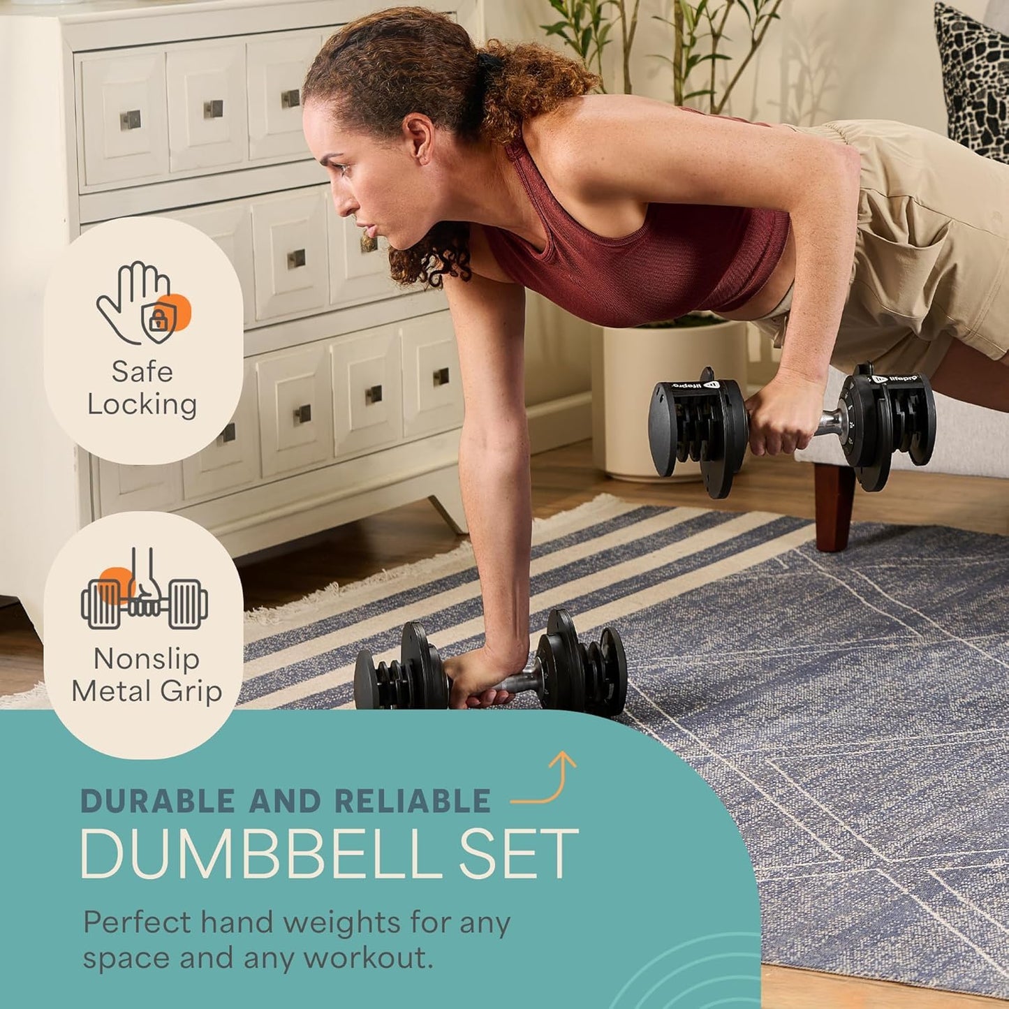 Lifepro Powerup Plus Adjustable Dumbbell Set — 5-25 lb with Twist-Select & Non-Slip Handle — Space-Saving Weights for Home Gym Strength Training