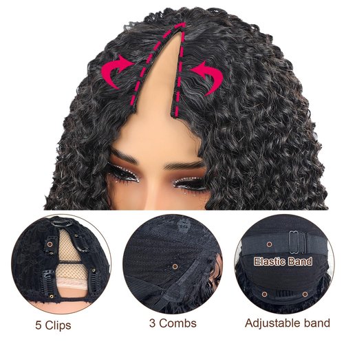 Wosama V Part Wig Human Hair curly Upgrade U Part Wig for Black Women Kinky curly Glueless Clip In Half Wig No Leave Out Wigs 180% Natural Color 20inch