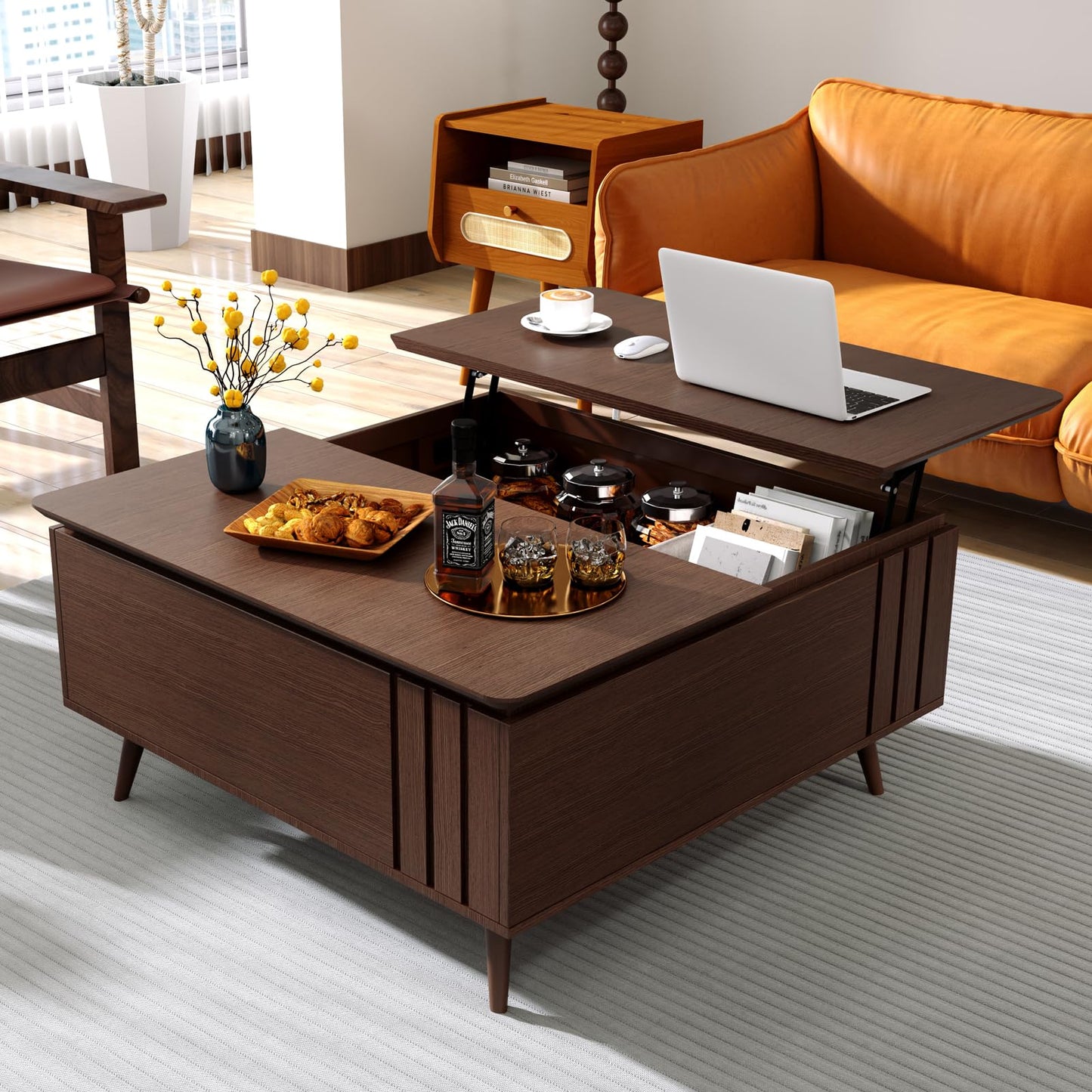 JOINICE, 36" Lift Top Coffee Table with Storage,Large Square Coffee Tables for Living Room,Mid Century Modern Center Table for Home Office, Dark Walnut