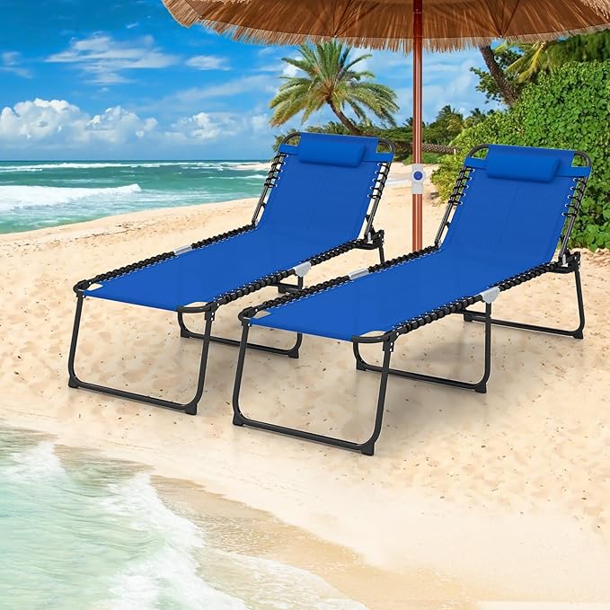 GYMAX Lounge Chair for Outside, 440lbs 27” Oversize Folding Beach Tanning Sunbath Chair with Adjustable Backrest & Removable Pillow, Lightweight Portable Patio Lounger for Lawn Poolside (Blue,1)