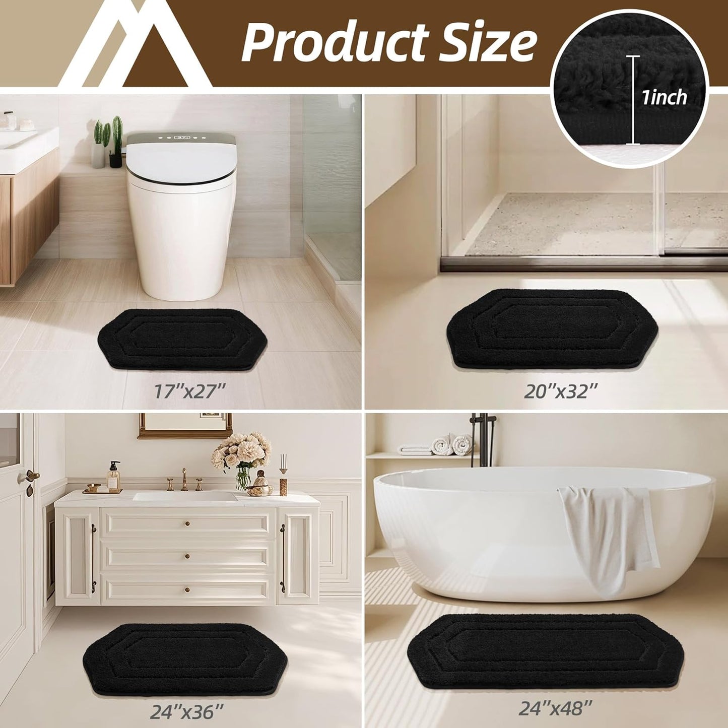 COSY HOMEER Bathroom Mat Rugs 24”x36” Non-Slip Absorbent Bath Mat Plush Shaggy Machine Washable Bath Rugs Soft Polyester Bath Mats for Bathroom Floor,Tub and Shower,Black