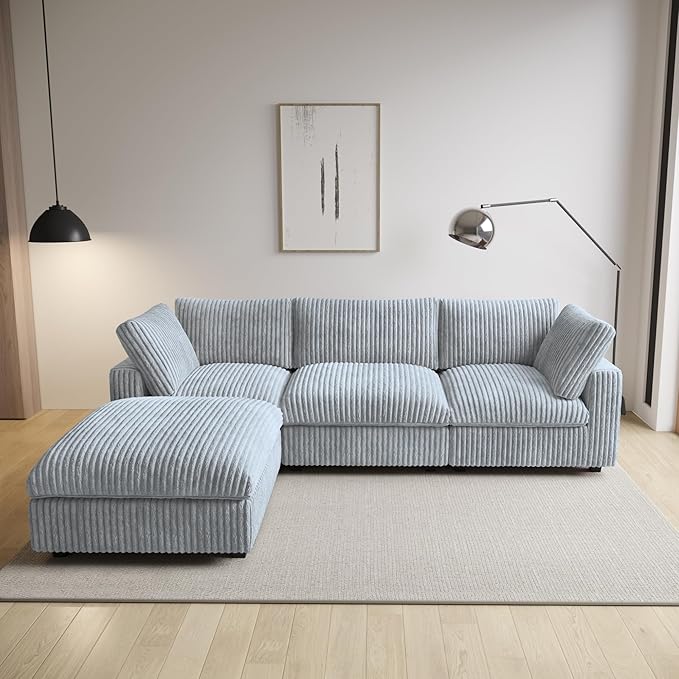 Modular Sectional Sofa/ 118inch Cloud Couches with Ottoman for Living Room/Soft Faux Rabbit Fur L Shaped Couch with Chaise,4 Seater Wide Convertible Sofa,Covers Washable&Replaceable,Grey