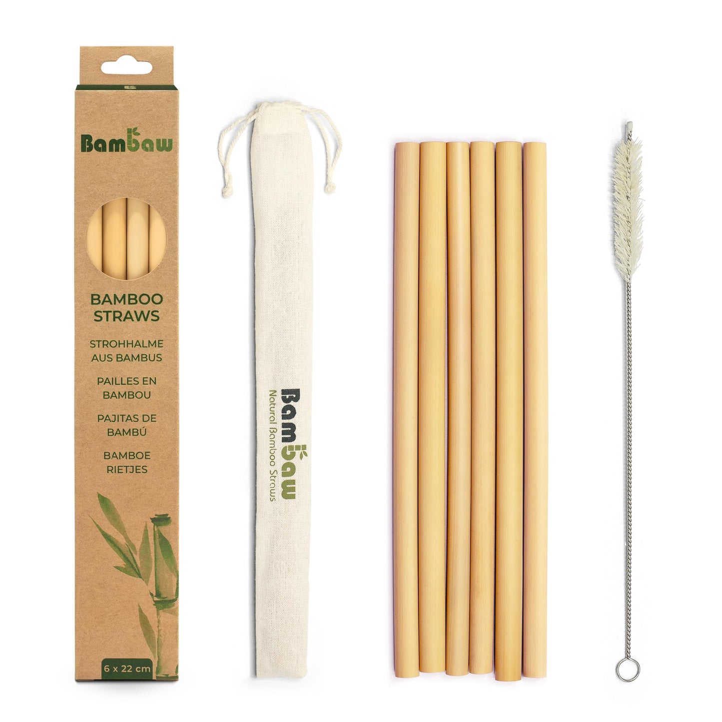 Bambaw Reusable Bamboo Straws - Eco Friendly with Straw Cleaner Brush & Pouch, Pack of 6 - 8.7''