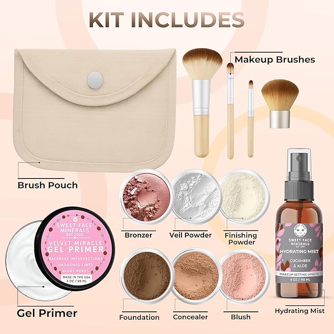 FLAWLESS COMPLEXION KIT (EBONY) Full Size Mineral Makeup Set Matte Foundation Bare Face Sheer Powder Cover