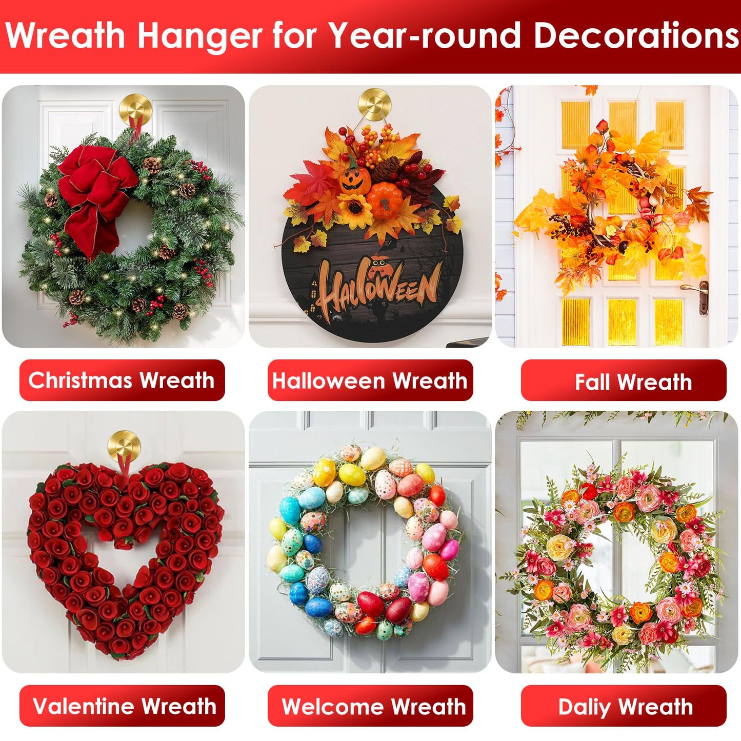 Gold Wreath-Hanger, 22 LB Strong Stainless Steel Suction-Cup-Wreath-Hooks, 2 Pack Wreath-Door-Hanger Fall Halloween Christmas Decorations, Welcome Sign for Front Door Indoor Outdoor, Reusable Holder