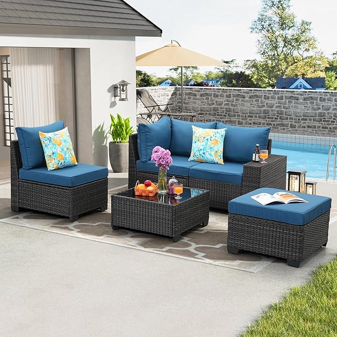 SunloungeCo 5 Pieces Outdoor Patio Furniture Set, Wicker Conversation Sets with Tea Table, Rattan Patio Sofa with Thick Cushions for Garden, Backyard, Poolside, Party, Peacock