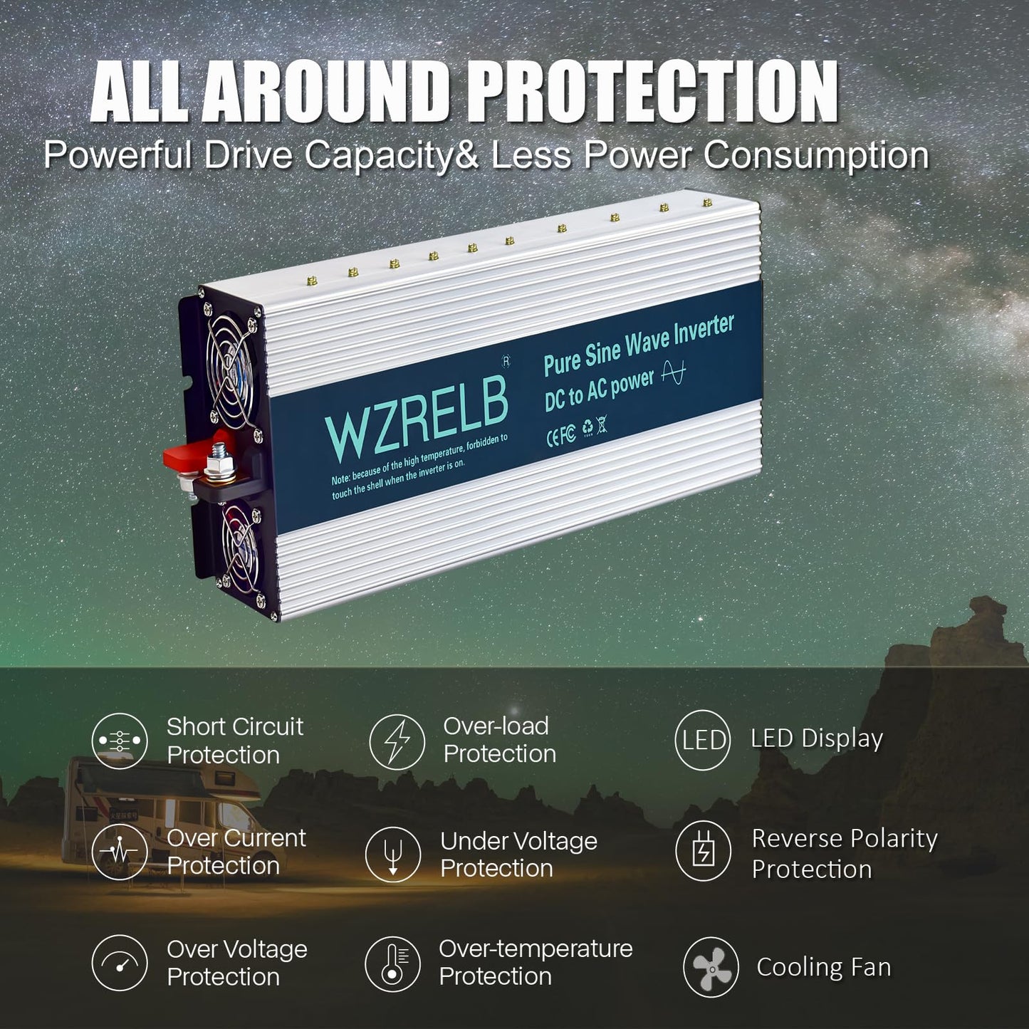 WZRELB 3000W Pure Sine Wave Inverter 24V DC to 110V 120V AC with LED Display,Remote Controller,Off-Grid Power Converter 6000W Surge with Dual AC Outlets, Hardwire Terminal for Home, RV, Truck, Camping