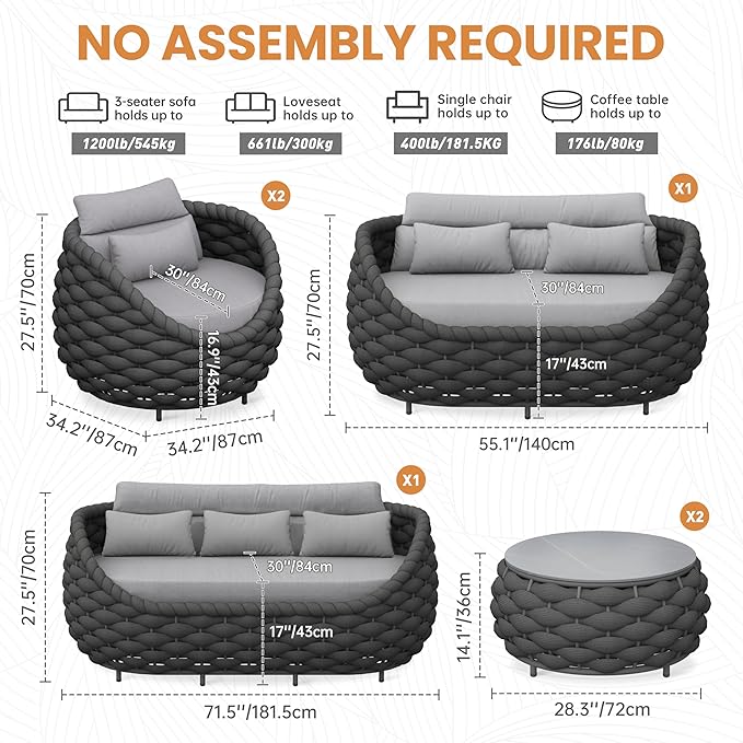 Erotr Patio Conversation Deck Furniture Set: 6-Piece Aluminum Woven Rope Outdoor Sofa Set - Modern Cushioned Couch Set - No Assembly Metal Porch Seating for Deck Yard Garden Lanai Pool Hotel Resort