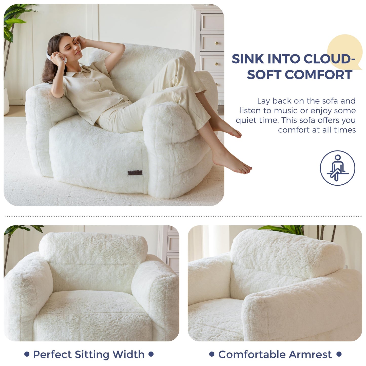 MAXYOYO Giant Bean Bag Chair for Adults, Ultra Soft Fluffy Bean Bag Sofa, Oversized Floor Sofa for Living Room Bedroom, Cozy Reading Chair with Filler, Beige