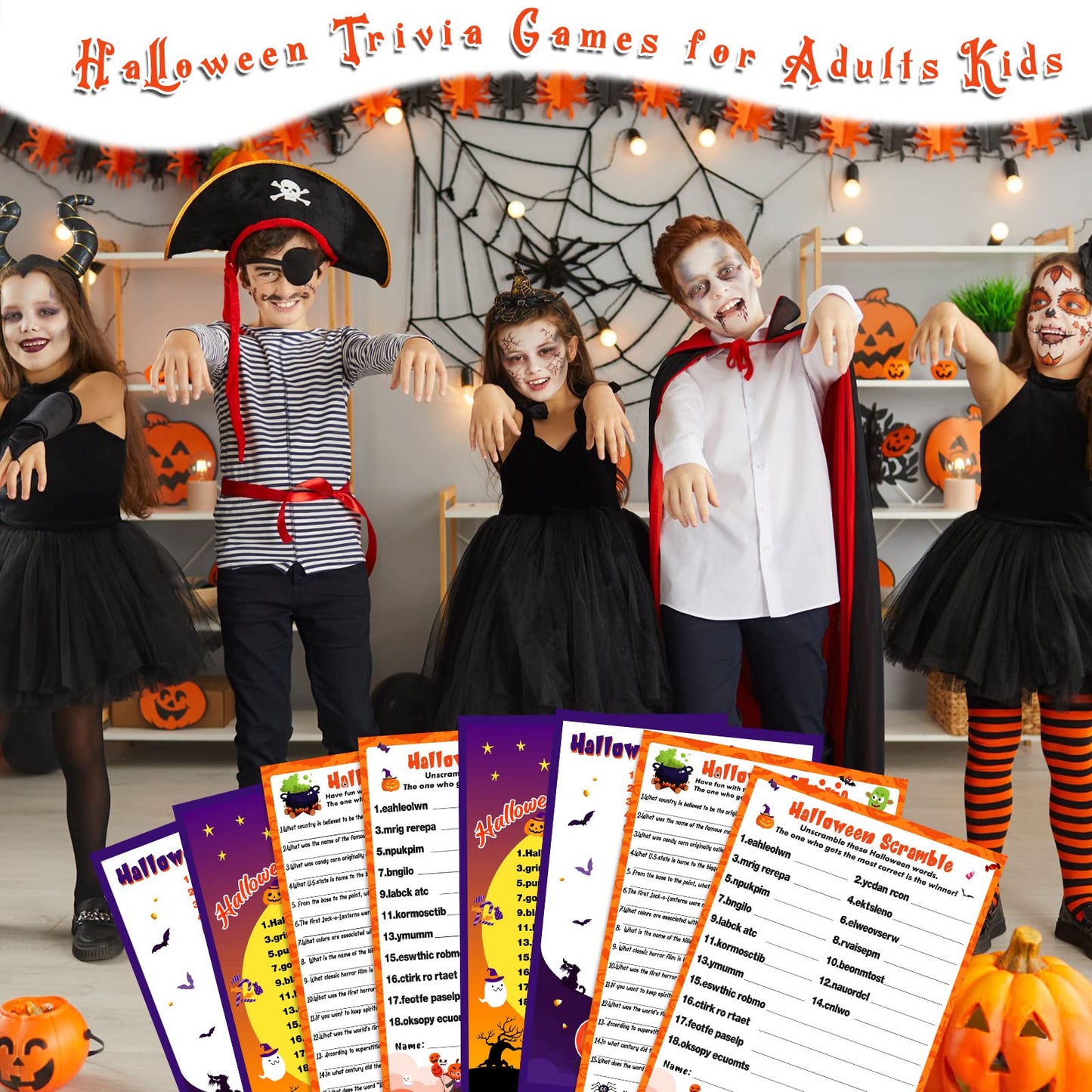 Kathfly 120 Pcs Halloween Games for Adults Include 2 Sets 40 Halloween Games Cards 20 Answer Cards and 20 Pencils, Baby Shower Party Supplies Word Scramble for Adults Groups (Horrible)