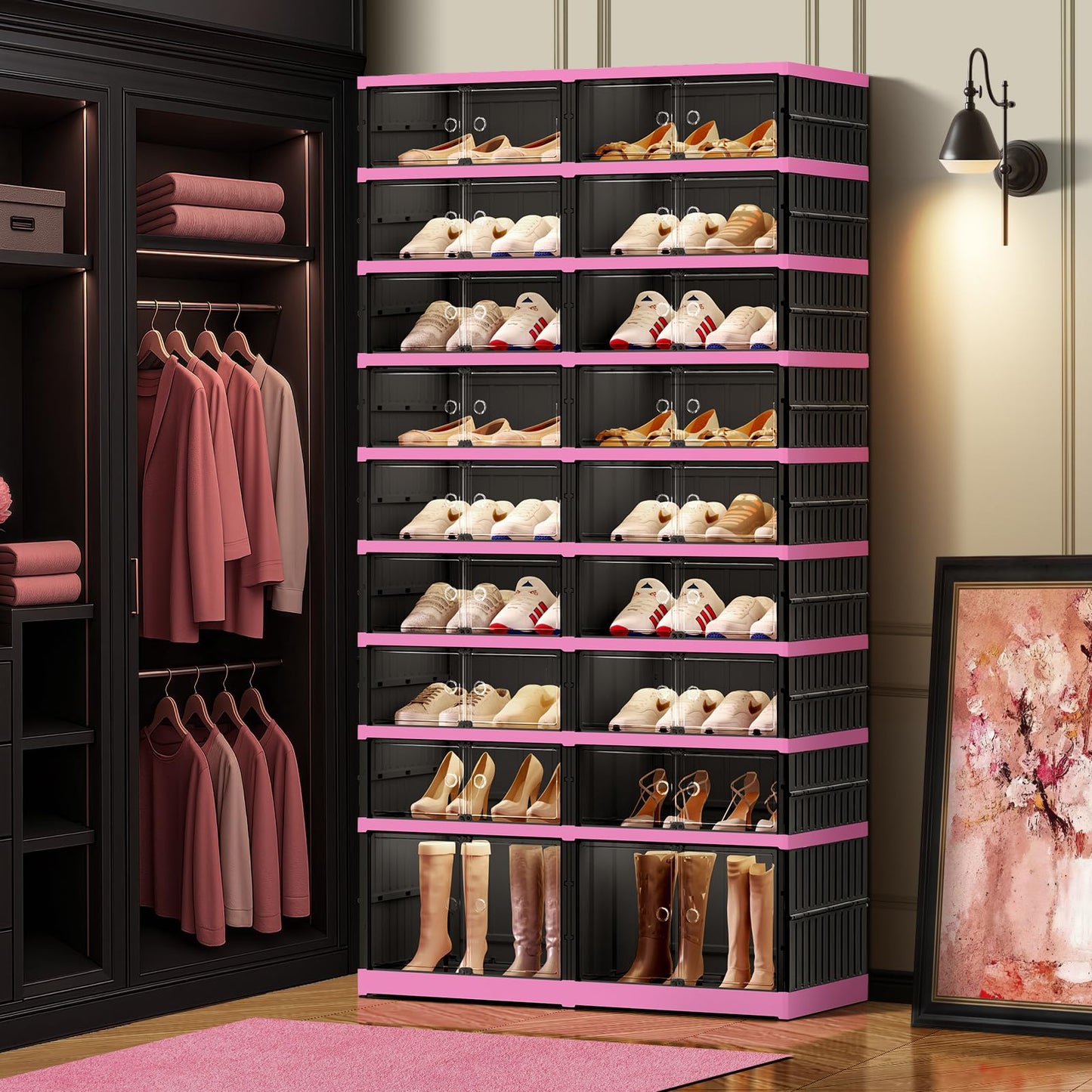 CIMLORD 9-Tier Foldable Shoe Rack Organizer for Closet,36 Pairs Collapsible Plastic Shoe Shelf,Large Shoes Cabinet with Door,Clear Stackable Storage Box Easy Assembly（Black-pink）