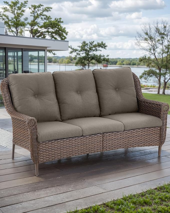 ACTREST Patio Couch Outdoor Wicker Sofa - Heavy Duty All-Weather Brown Rattan 3-Seater with High Back and Comfortable Thick Cushions for Garden Back Porch Poolside Apartment - Grey