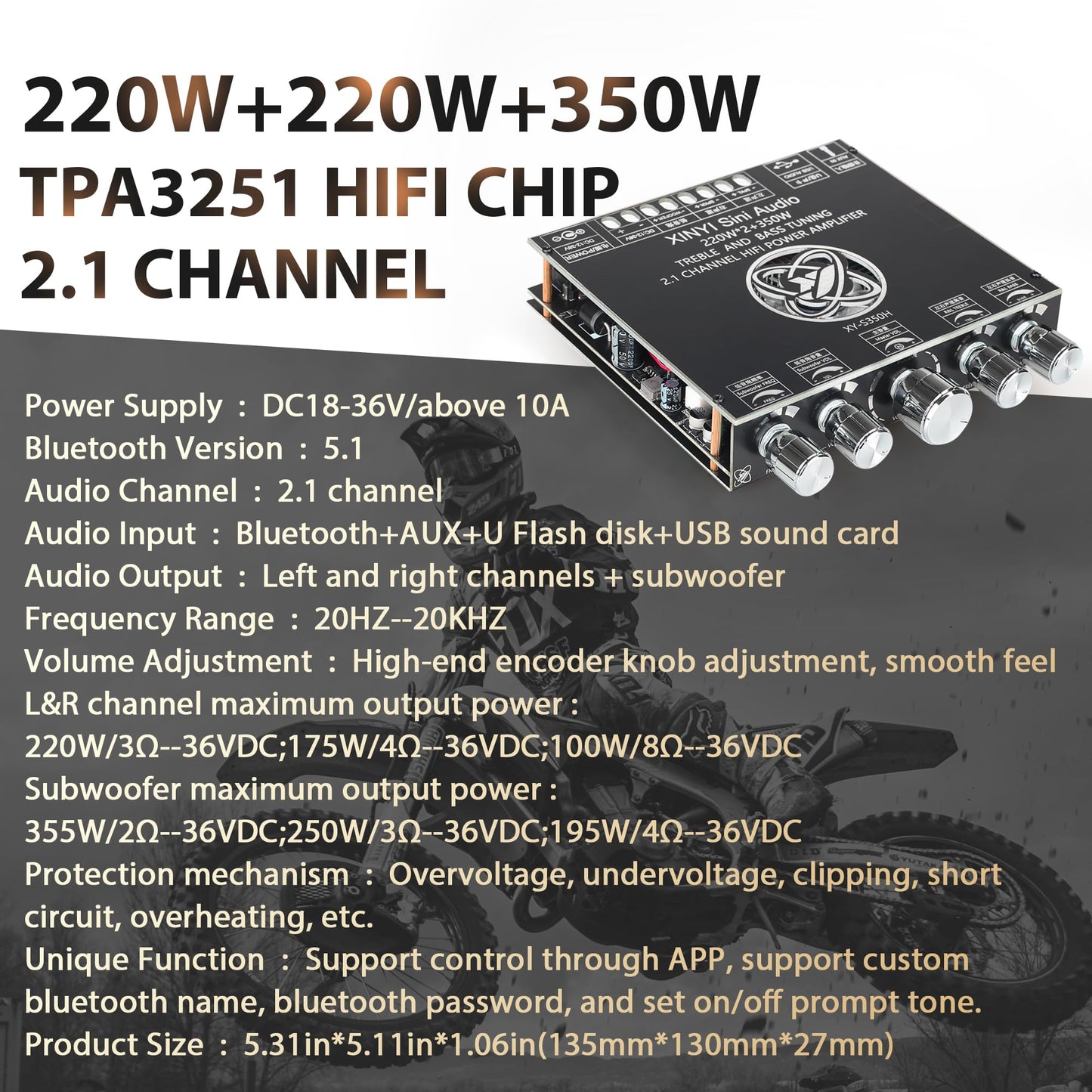 Xy-S350H 2.1 Channel Bluetooth Power Amplifier Board With Tpa3251 Chip, 220W*2+350W Support App Control 18V-36V Bluetooth Speake