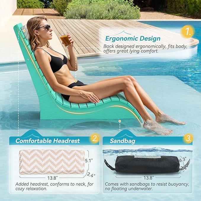 Homenjoy HDPS Pool Lounge Chairs Set of 4, Use in Pools Lounge Chairs up to 10-Inches of Water, Chaise Chairs with Headrest, Lounge Chair Outdoor, Fade-Resistant Pool Lounger for Deck
