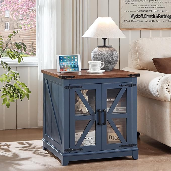 Joaxswe Farmhouse End Table with Charging Station Set 2, 24" Large Sofa Side Table with Glass Barn Door, Blue Nightstand with Adjustable Storage Shelf,Wood Square Bedside Table for Living Room,Bedroom
