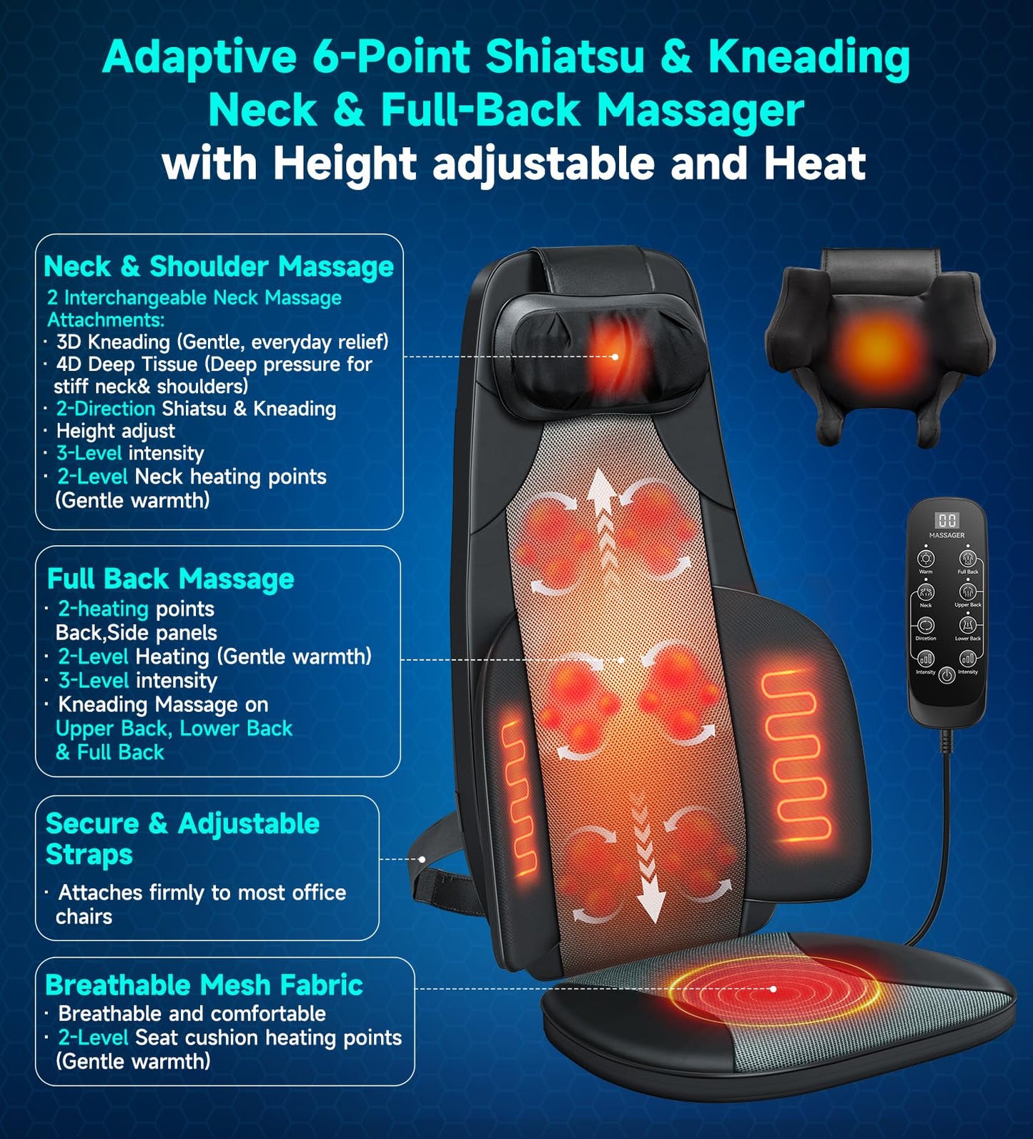 Shiatsu Neck and Back Massager for Chair with Heat, 2 Interchangeable Attachments Full Back Massage Pad Deep Tissue, Adjustable Height 3-Level Intensity for Office Home, Masajeador de Espalda, Black