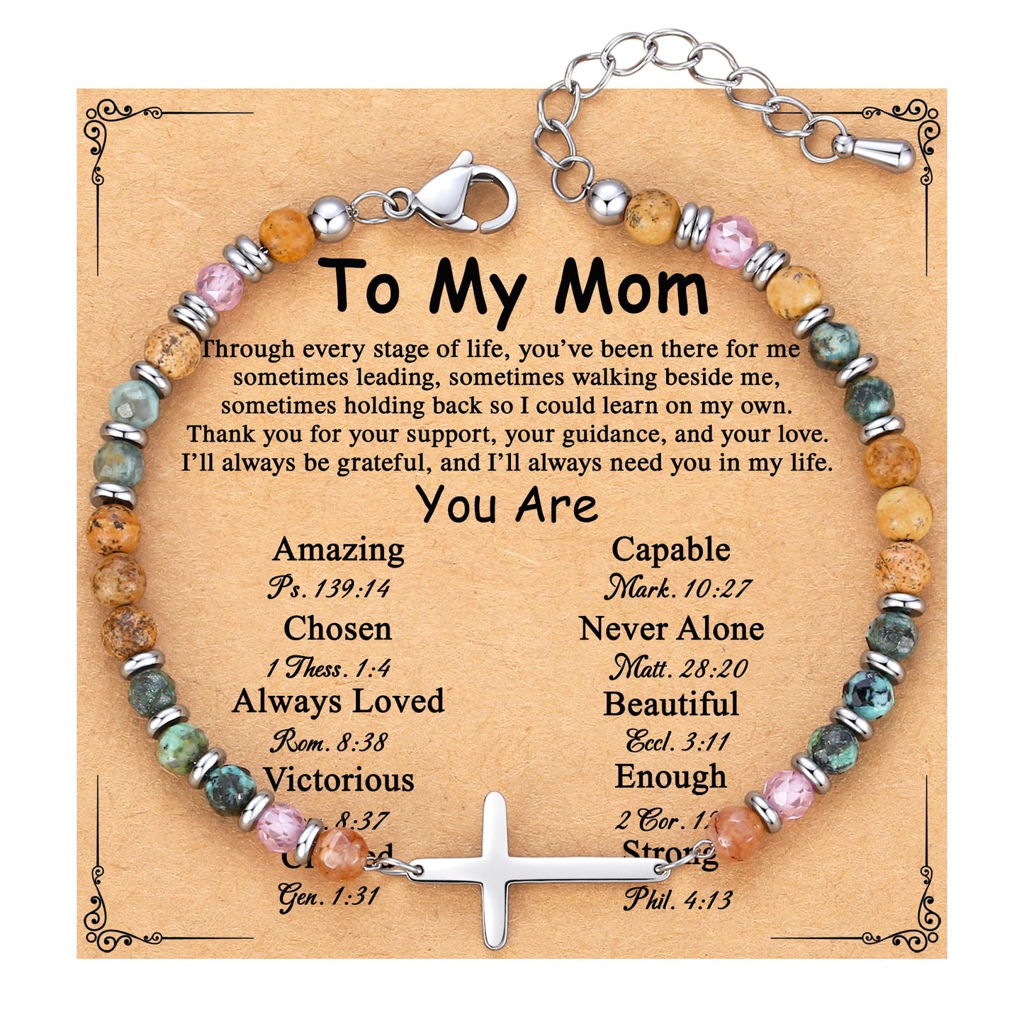TONY & SANDY Mom Cross Bracelet, Birthday Gifts for Mom, Christian Gifts for Women from Daughter, Religious Jewelry Mother's Day Christmas Stocking Stuffers for Women Mommy Mama