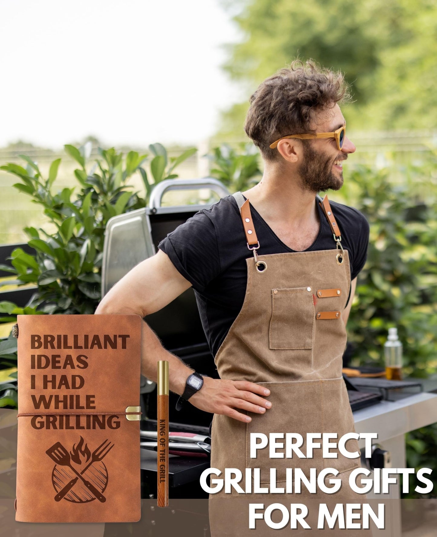 InnoBeta Grilling BBQ Gifts for Men, Dad, Grandpa, Grill Journal Pen Set for Birthday, Christmas, Unique Notebook, Travel Diary, Lined Planner, 7.8x5 Inches, Brown