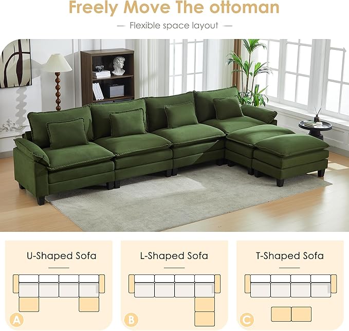 URRED Cloud Couch Modular Sectional Sofa, 157" Modern U Shaped Deep Seat Sofa with 2 Ottomans & Pillows, Ultra Comfy Corduroy Couches for Living Room, Bedroom or Apartment, Green