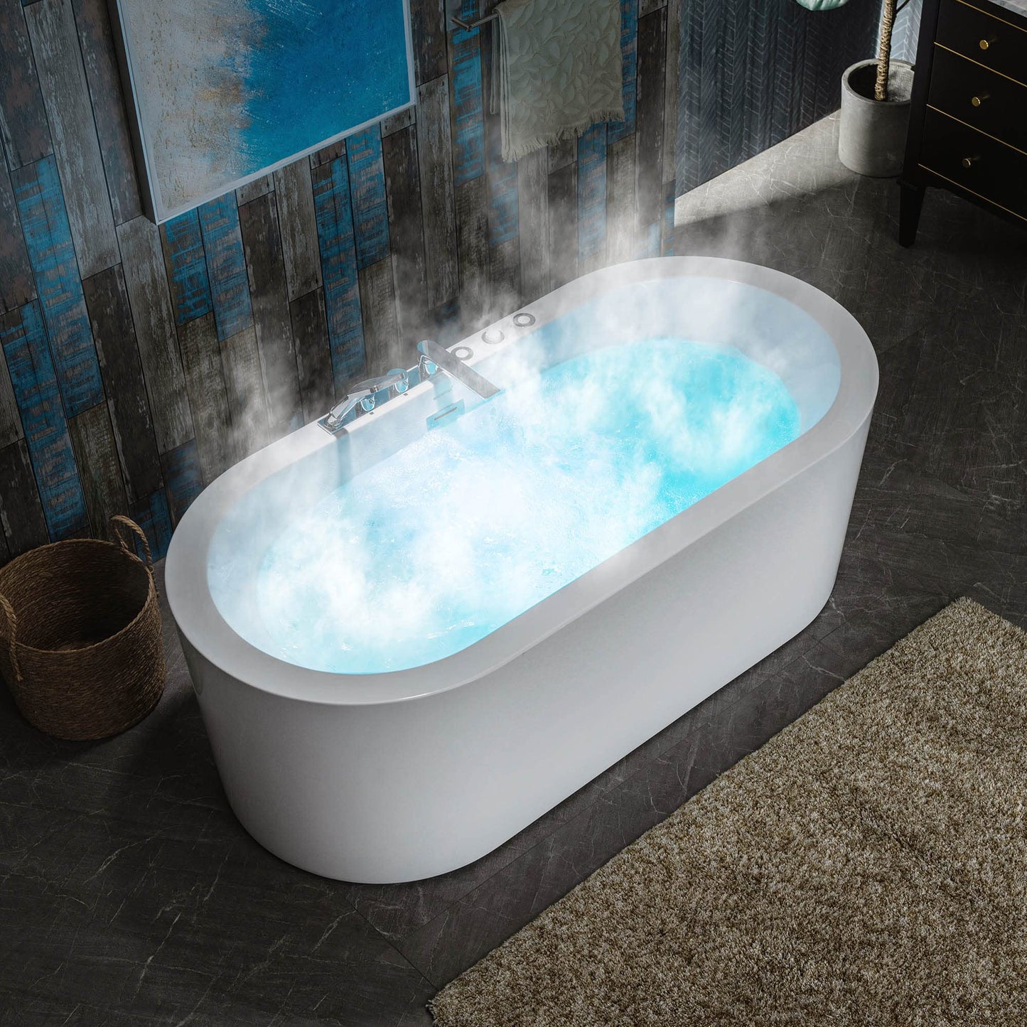 WOODBRIDGE 66-1/2" x 31-7/8" Whirlpool Water Jetted and Air Bubble Freestanding Heated Soaking Combination Bathtub withFaucet, BJ200+F0041CH