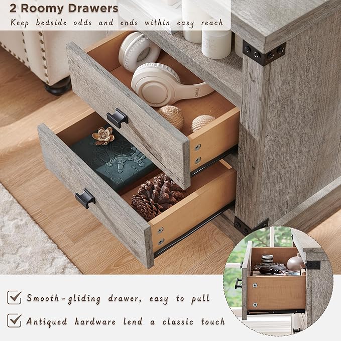 RedLemon Farmhouse Nightstand Set of 2 with Charging Station, 18" Rustic Night Stand with 2 Storage Drawers, Wood End Table for Bedroom, Living Room, Light Rustic Oak