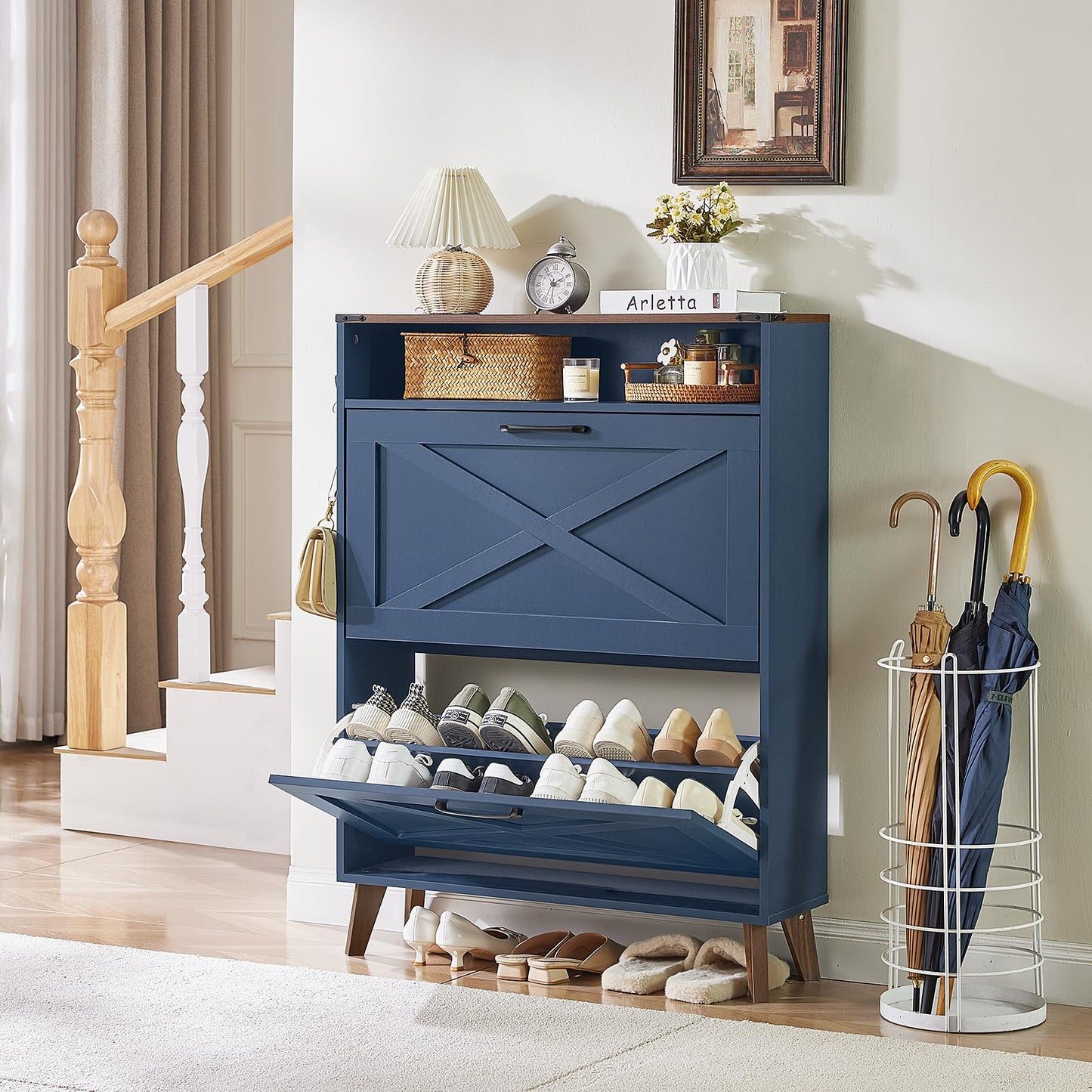 Joaxswe Shoe Storage Cabinet with 2 Flip Drawers, Farmhouse Shoe Organizer for Entryways, Narrow Hidden Rack & Open Storage, Free Standing Closet for Foyers, Hallways, Navy Blue